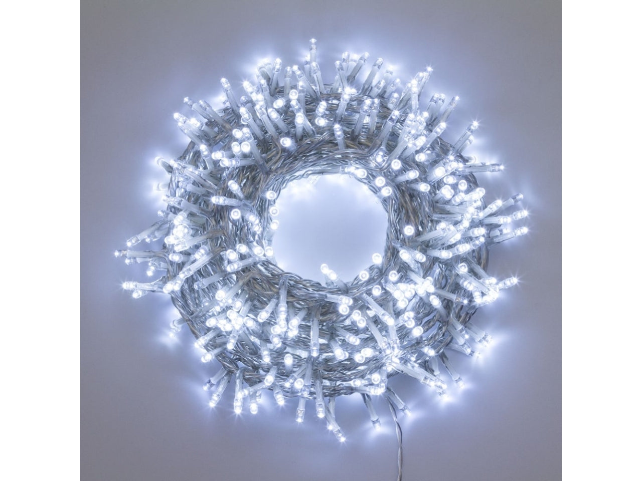 Catena 1500led bianco freddo con 8 giochi di luce, filo trasparente 4+30,5mt uso interno/esterno per alberi da 240-300cm