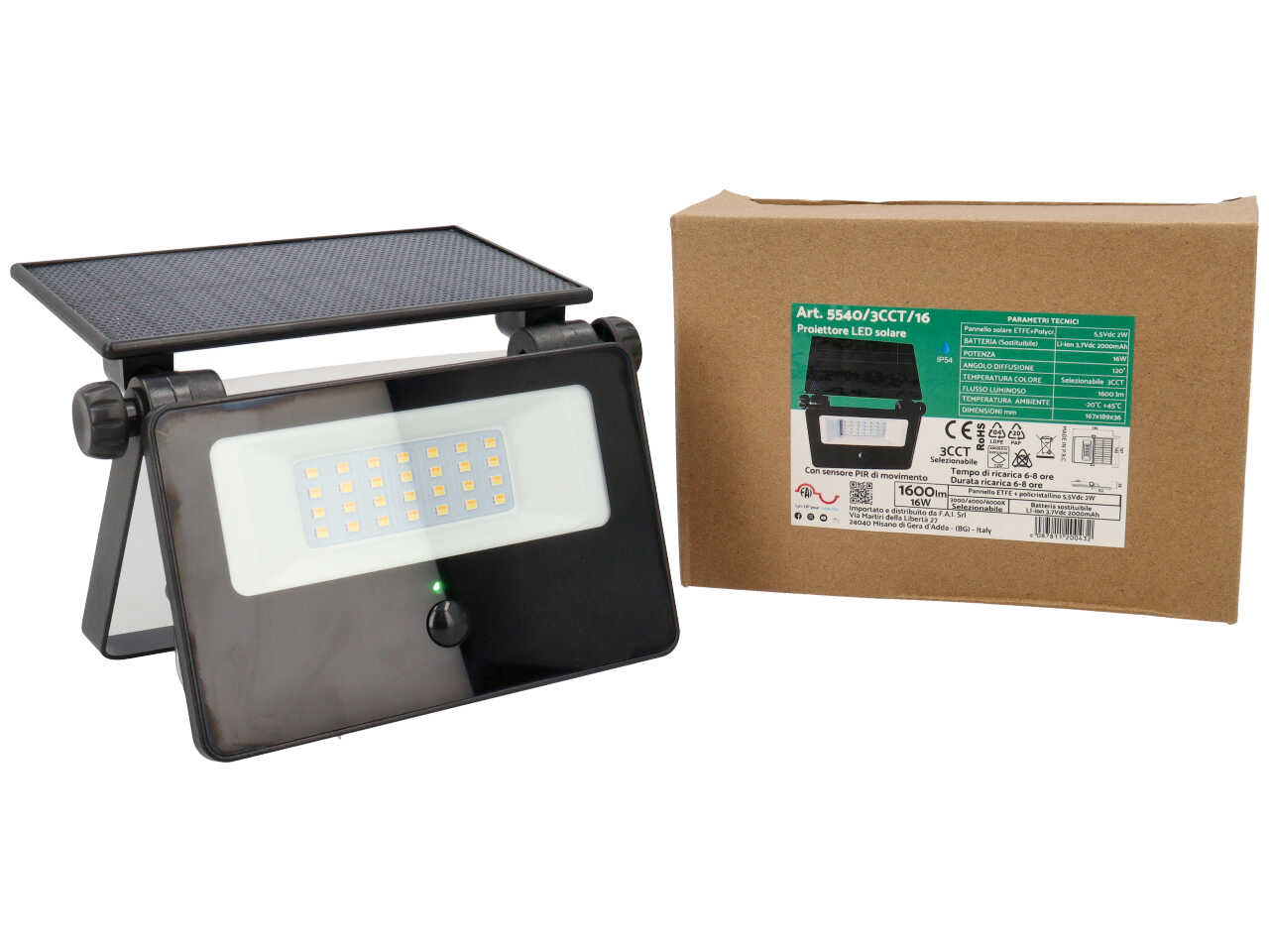 Faretto solare esterno a led 16W PIR