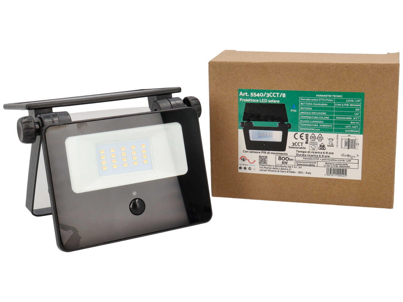 Faretto solare esterno a led 8W PIR