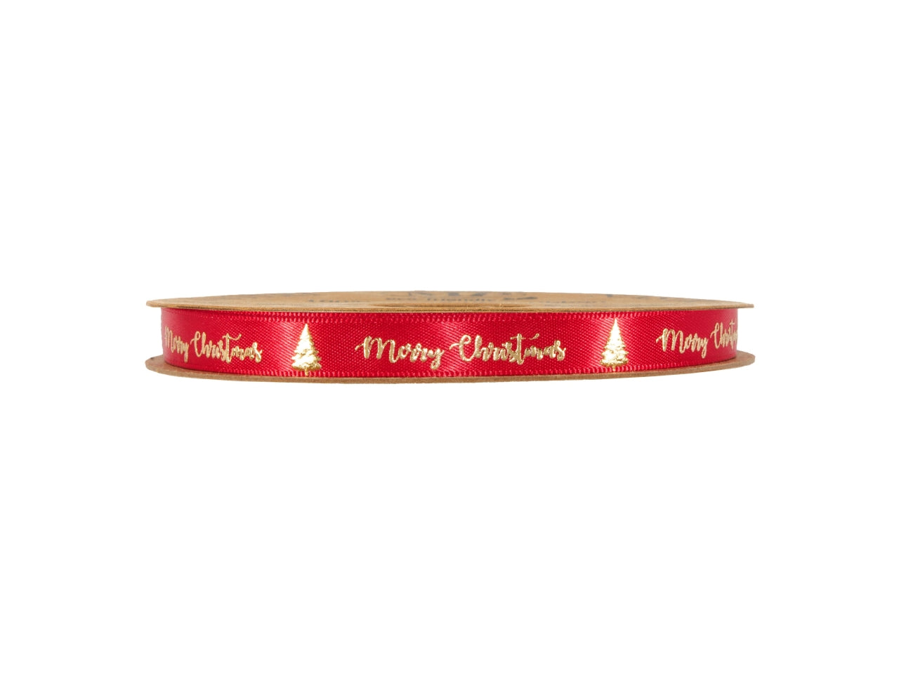 Nastro rosso con scritta merry christmas e alberi oro 1cmx20mt