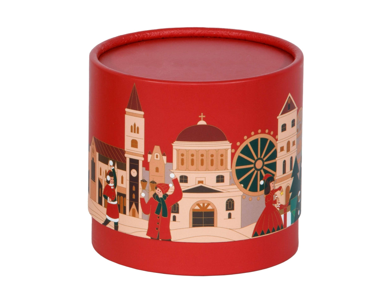Scatola tonda con villaggio natalizio 11xh10,5cm rosso