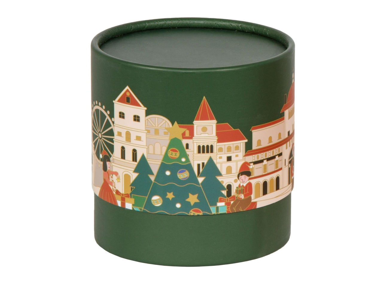 Scatola tonda con villaggio natalizio 11xh10,5cm verde scuro