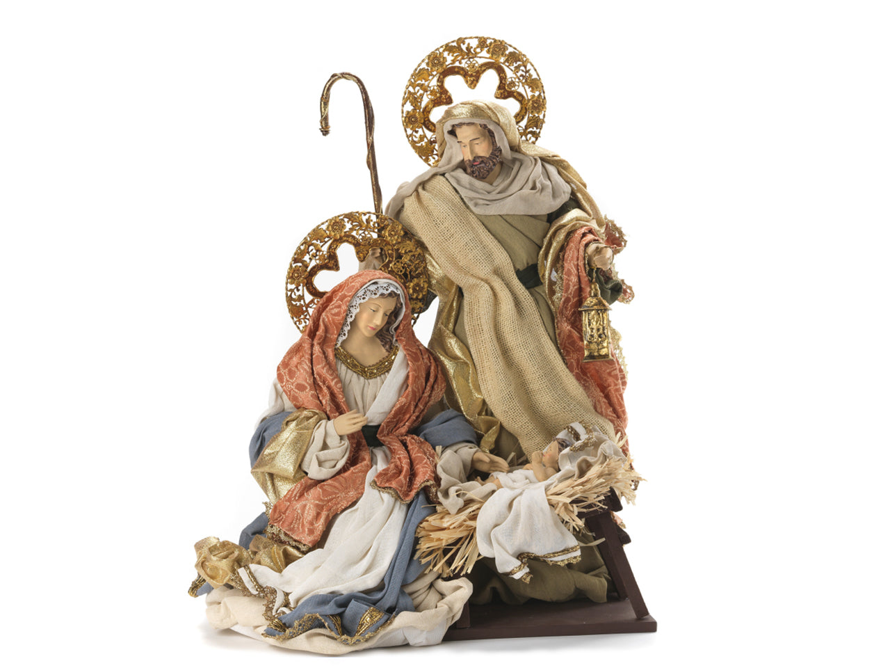 Nativita' resina 52cm con vestiti in stoffa e base legno