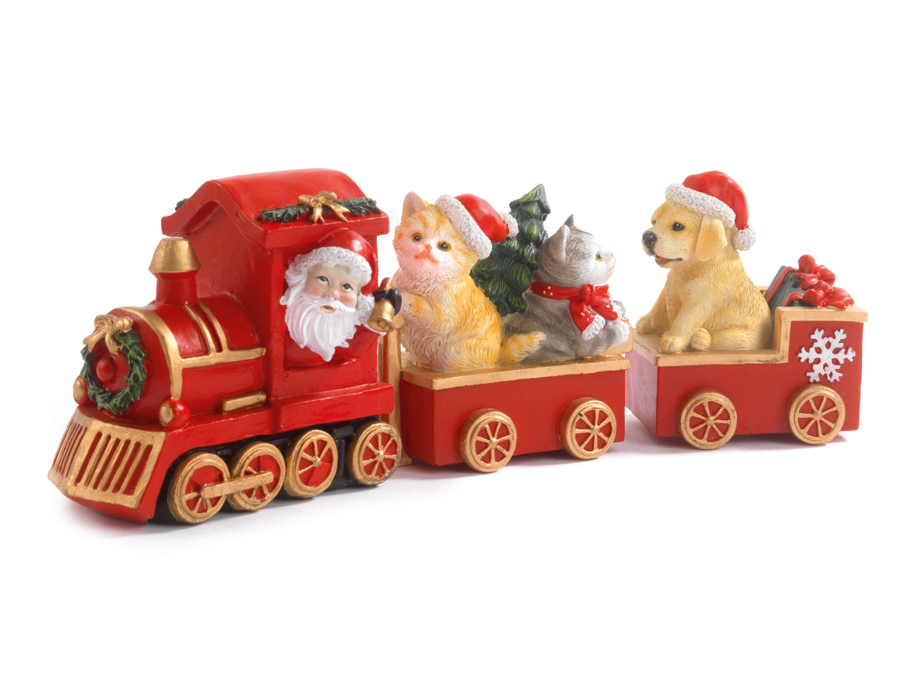 Trenino in resina 35cm con gatti, cane e babbo natale