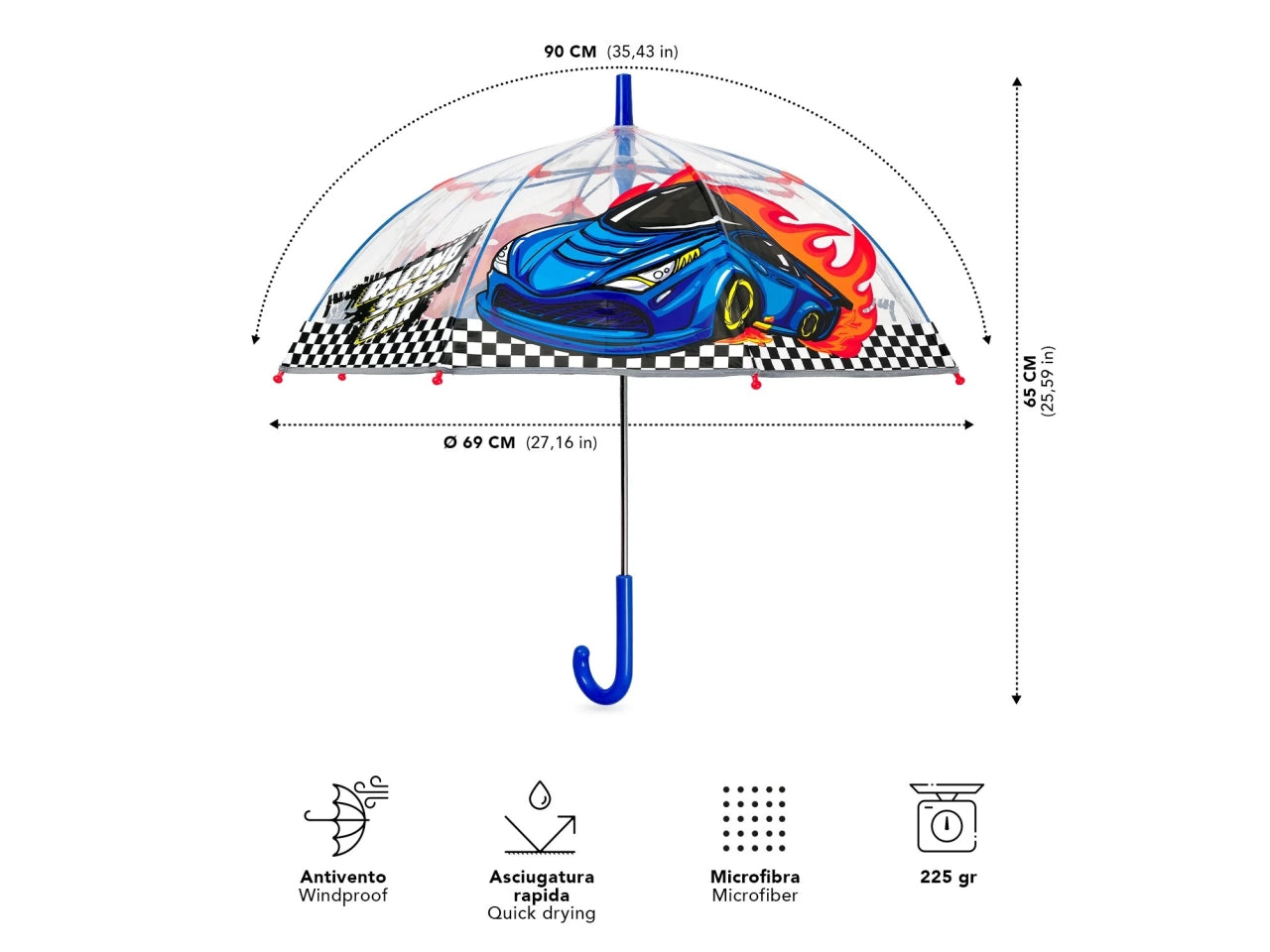 Ombrello kids manuale 45cm cupola Racing car kids