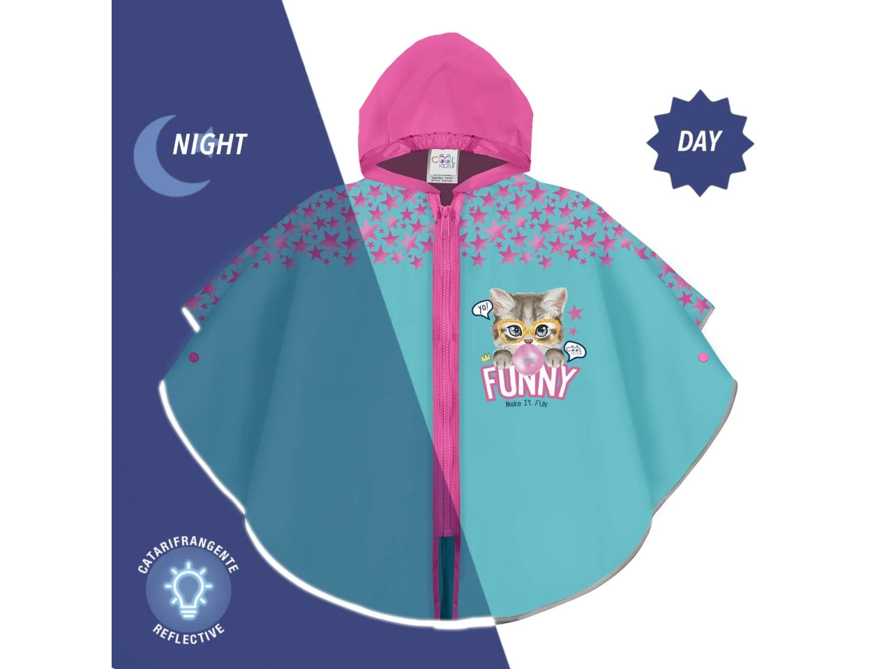Poncho  kids pioggia  Funny cat zip+brd kids di colore azzurro