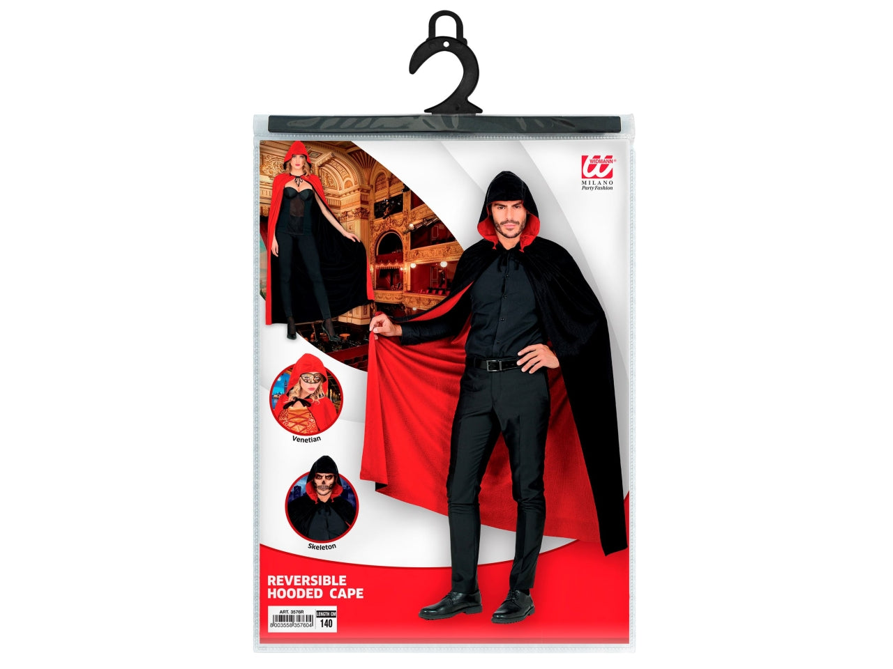 Mantello doubleface nero/rosso con cappuccio 140cm