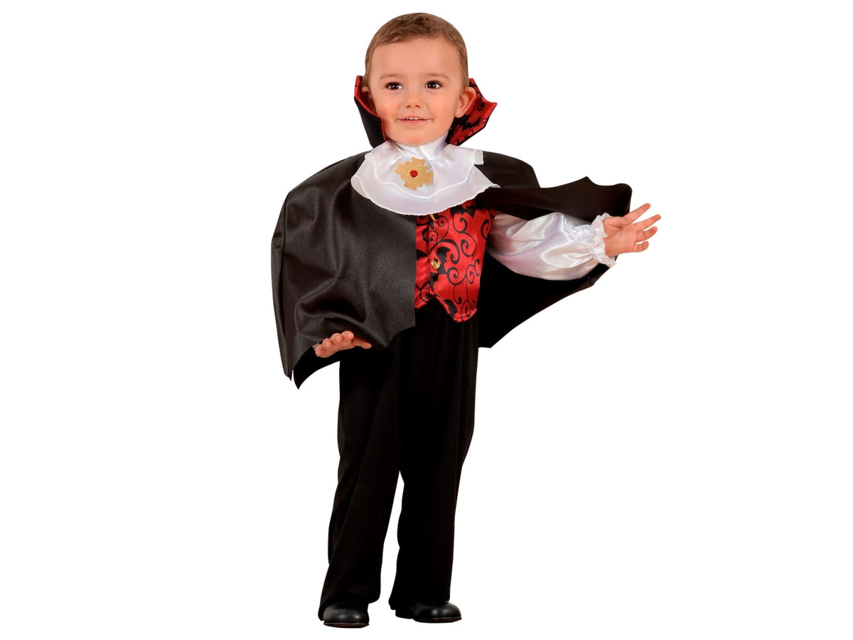 Costume vampiro 104cm 2-3anni composto da camicia con gilet, jabot, pantaloni e mantello con collare