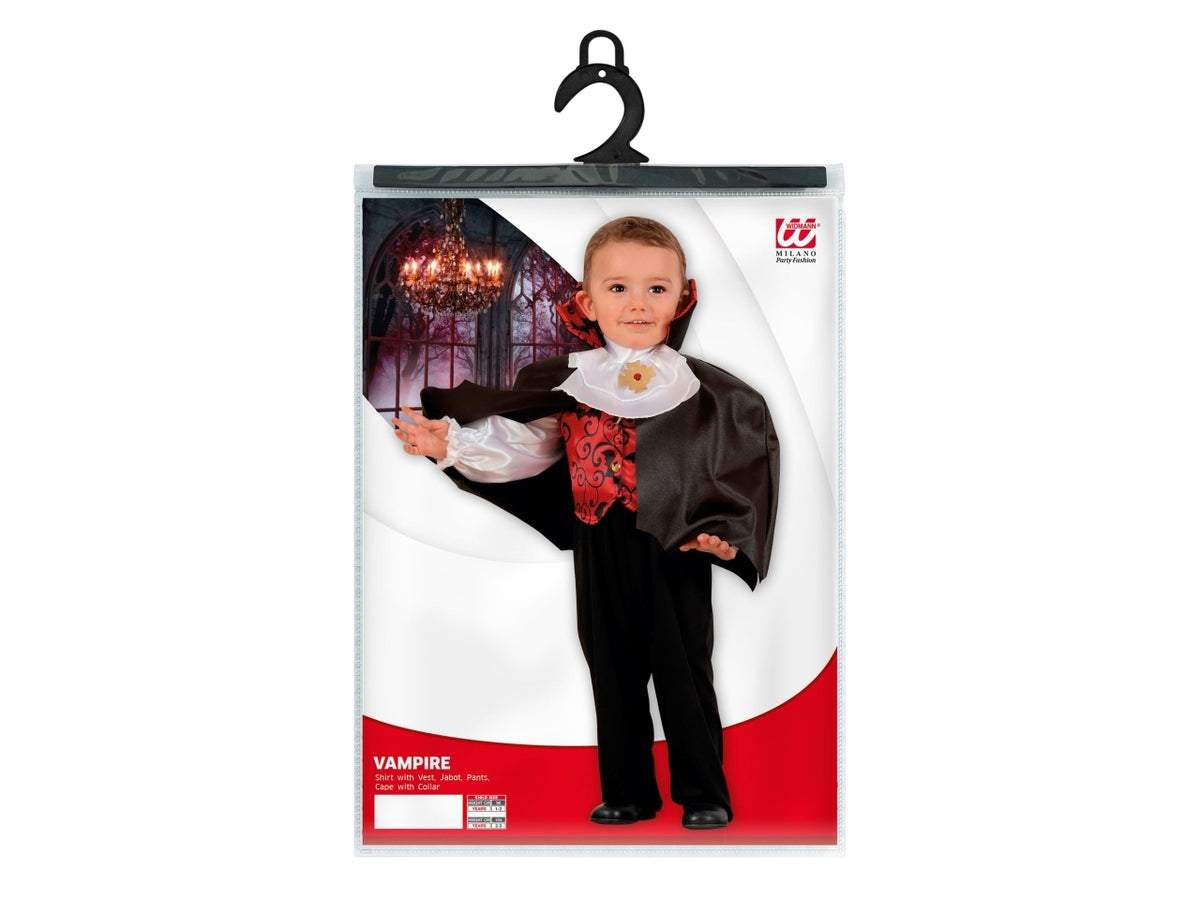 Costume vampiro 104cm 2-3anni composto da camicia con gilet, jabot, pantaloni e mantello con collare