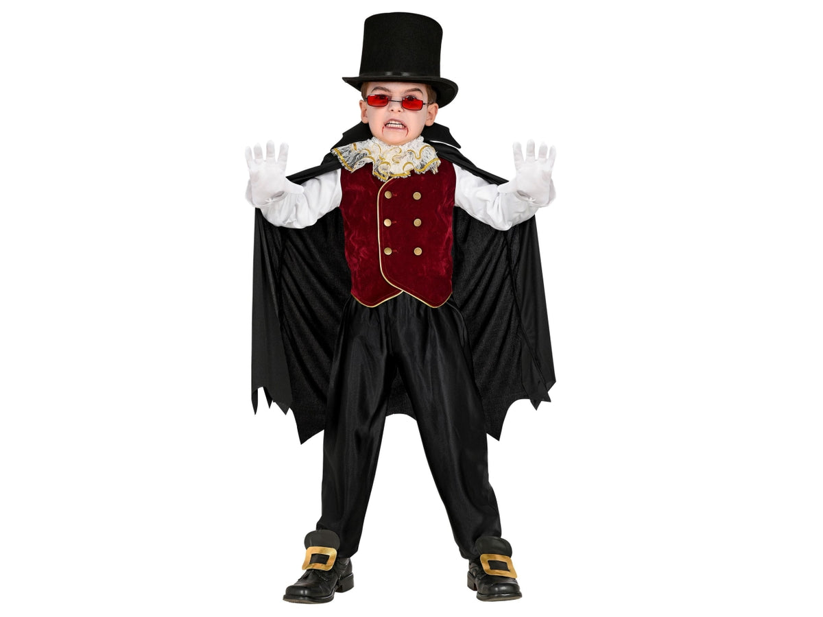 Costume vampiro 116cm 4-5anni composto da camicia con gilet, jabot e mantello con collare