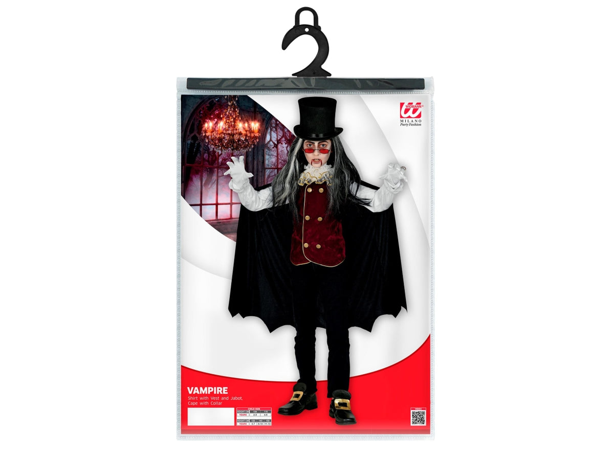 Costume vampiro 116cm 4-5anni composto da camicia con gilet, jabot e mantello con collare