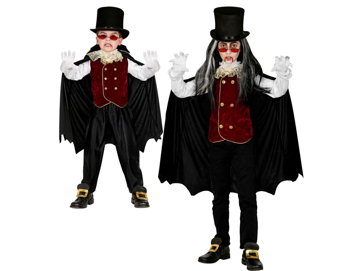 Costume vampiro 116cm 4-5anni composto da camicia con gilet, jabot e mantello con collare