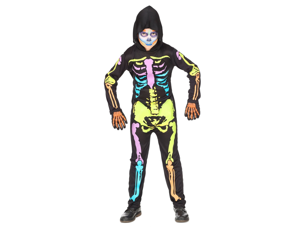 Costume scheletro colorato 140cm 8-10anni composto da tuta con cappuccio