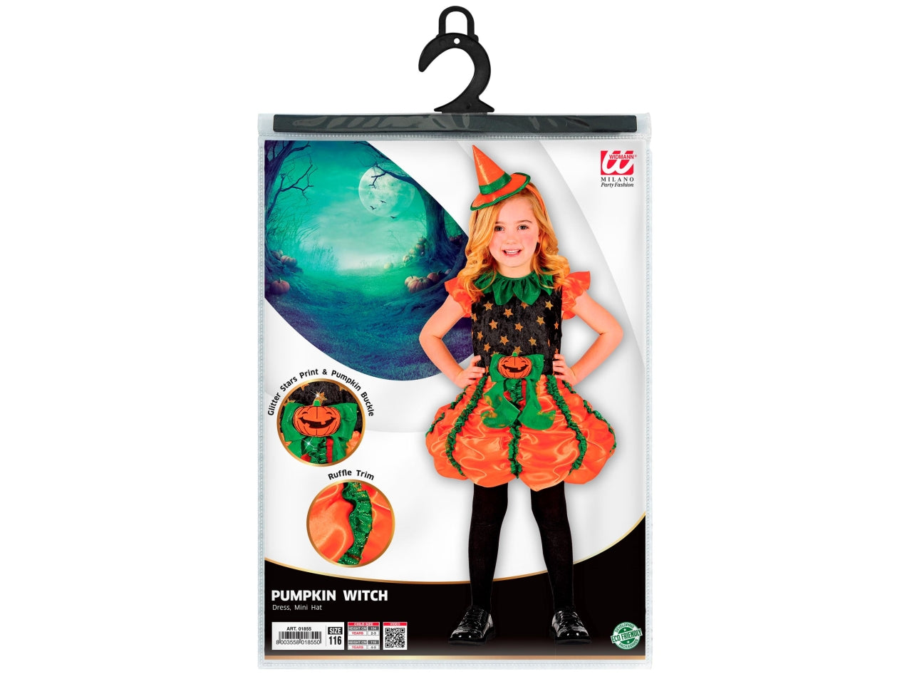 Costume strega zucca 104cm 2-3anni composto da vestito e mini cappello