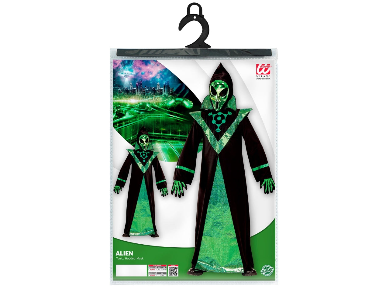 Costume alieno 140cm 8-10anni composto da tunica e maschera con cappuccio