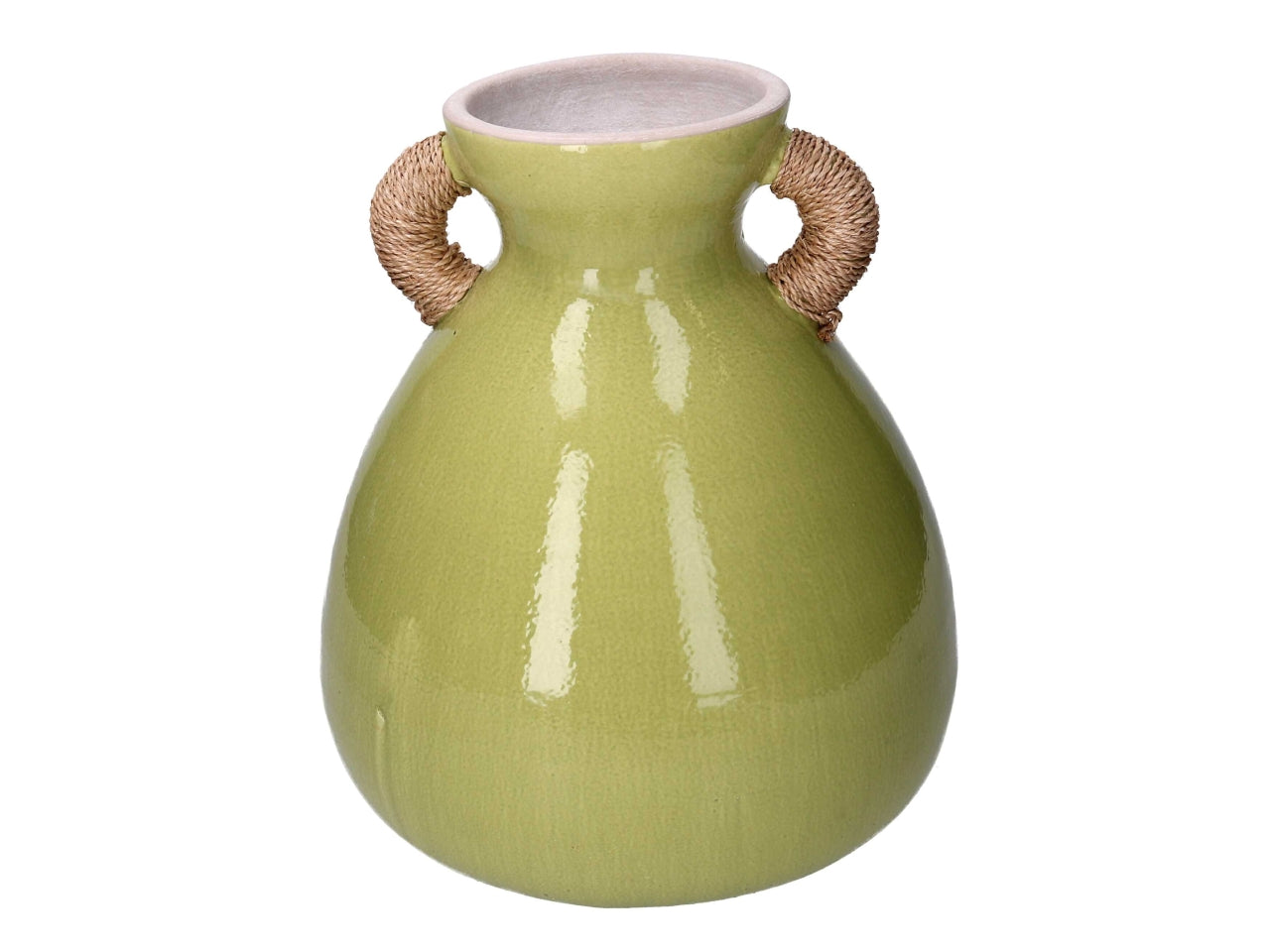 Vaso in ceramica verde con maniglie d.28/30,5xh.33cm