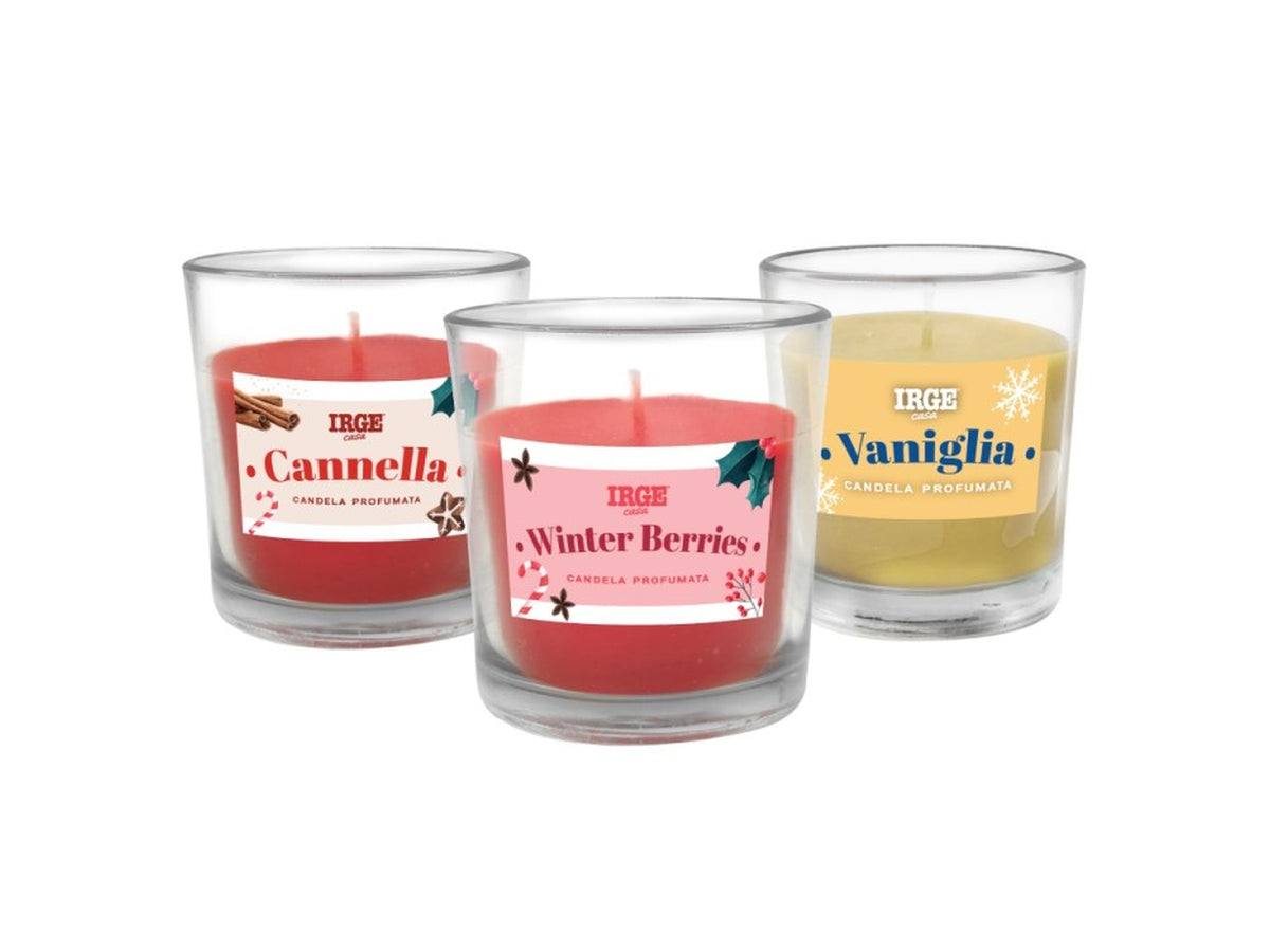 Candela pon pon in vasetto di vetro 100gr profumazioni assortite, cannella, winter berries e vaniglia
