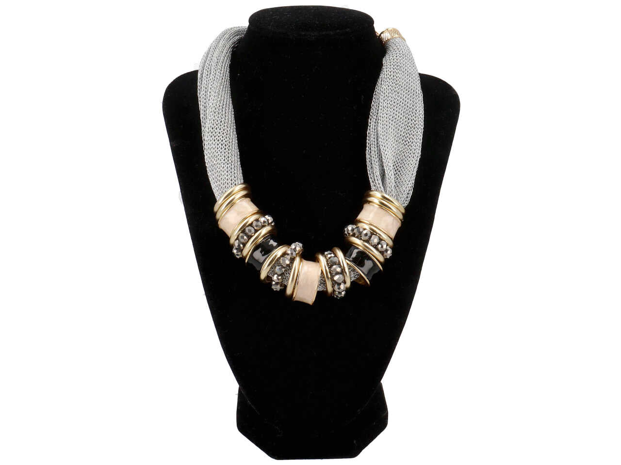 Collana corta tessuto rete con anelli metallo