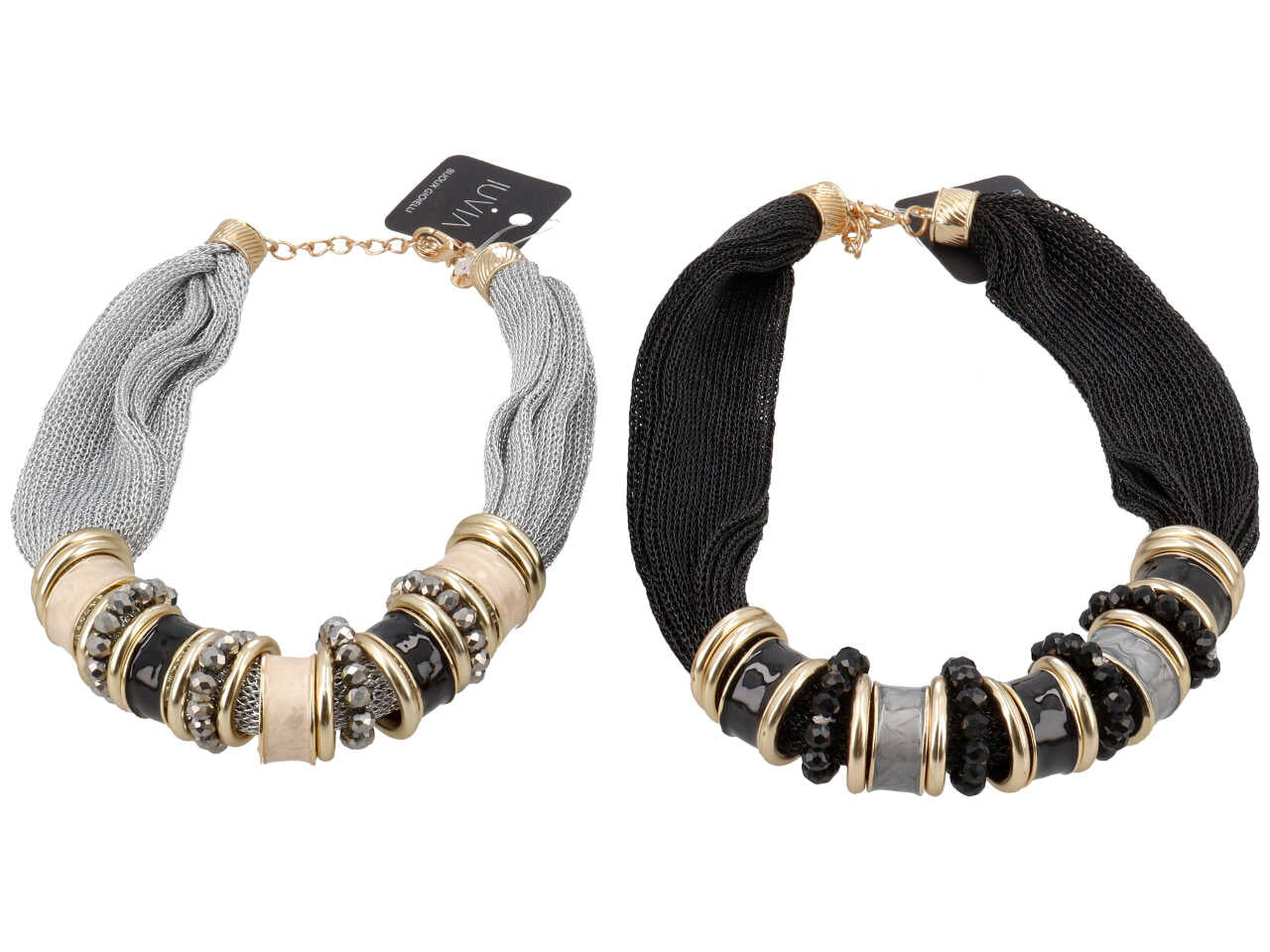 Collana corta tessuto rete con anelli metallo
