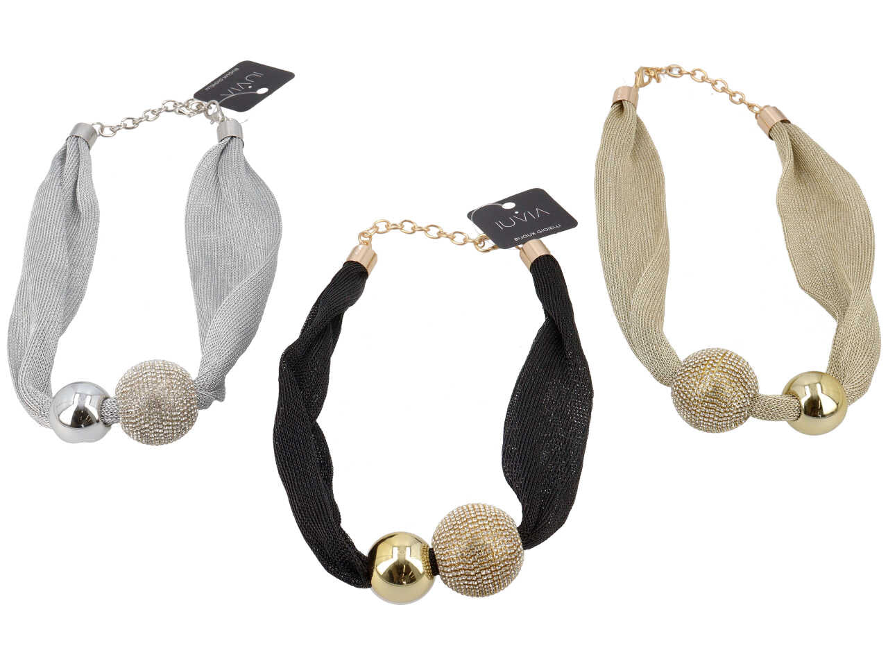Collana corta maglia metallica sfere strass e meta