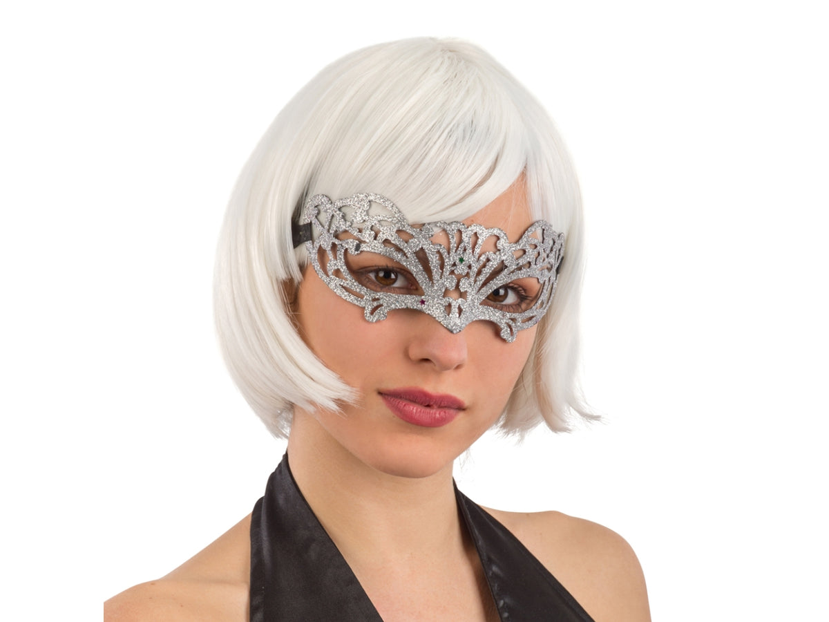 Maschera in plastica intagliata con glitter argento
