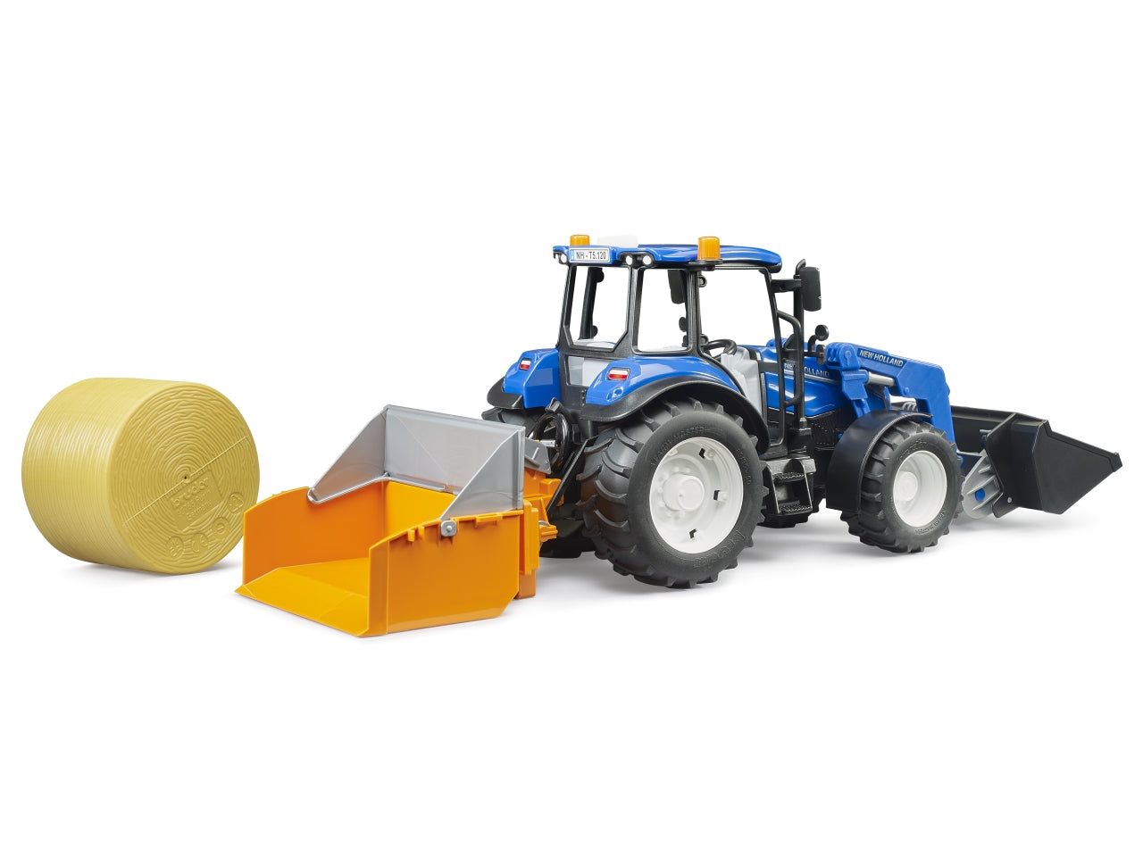 Trattore New Holland T5.120 con benna e balla fieno