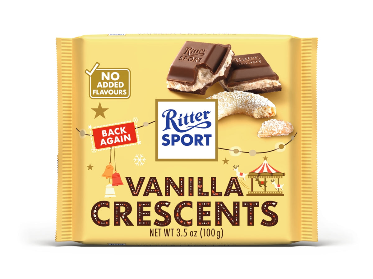 Ritter sport tavoletta 100gr vanille kipferl, cioccolato al latte ripieno con crema di mandorle e biscotto alla vaniglia