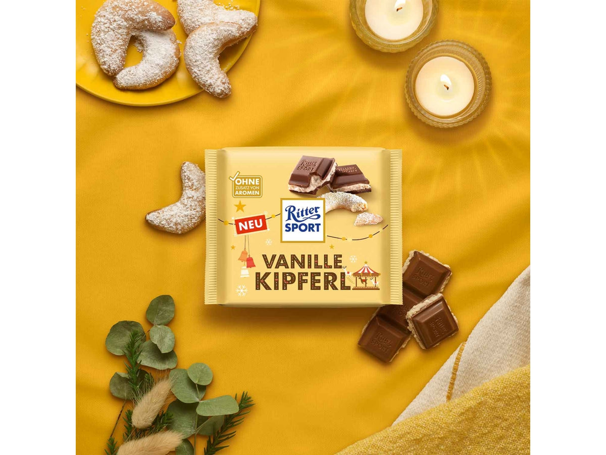 Ritter sport tavoletta 100gr vanille kipferl, cioccolato al latte ripieno con crema di mandorle e biscotto alla vaniglia