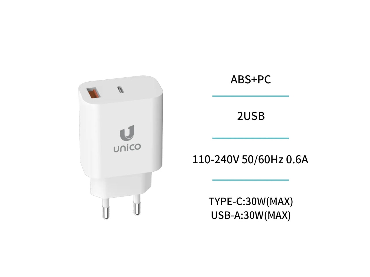 Caricatore Viaggio 2 Porte Type-C PD30W USB-A QC18W
