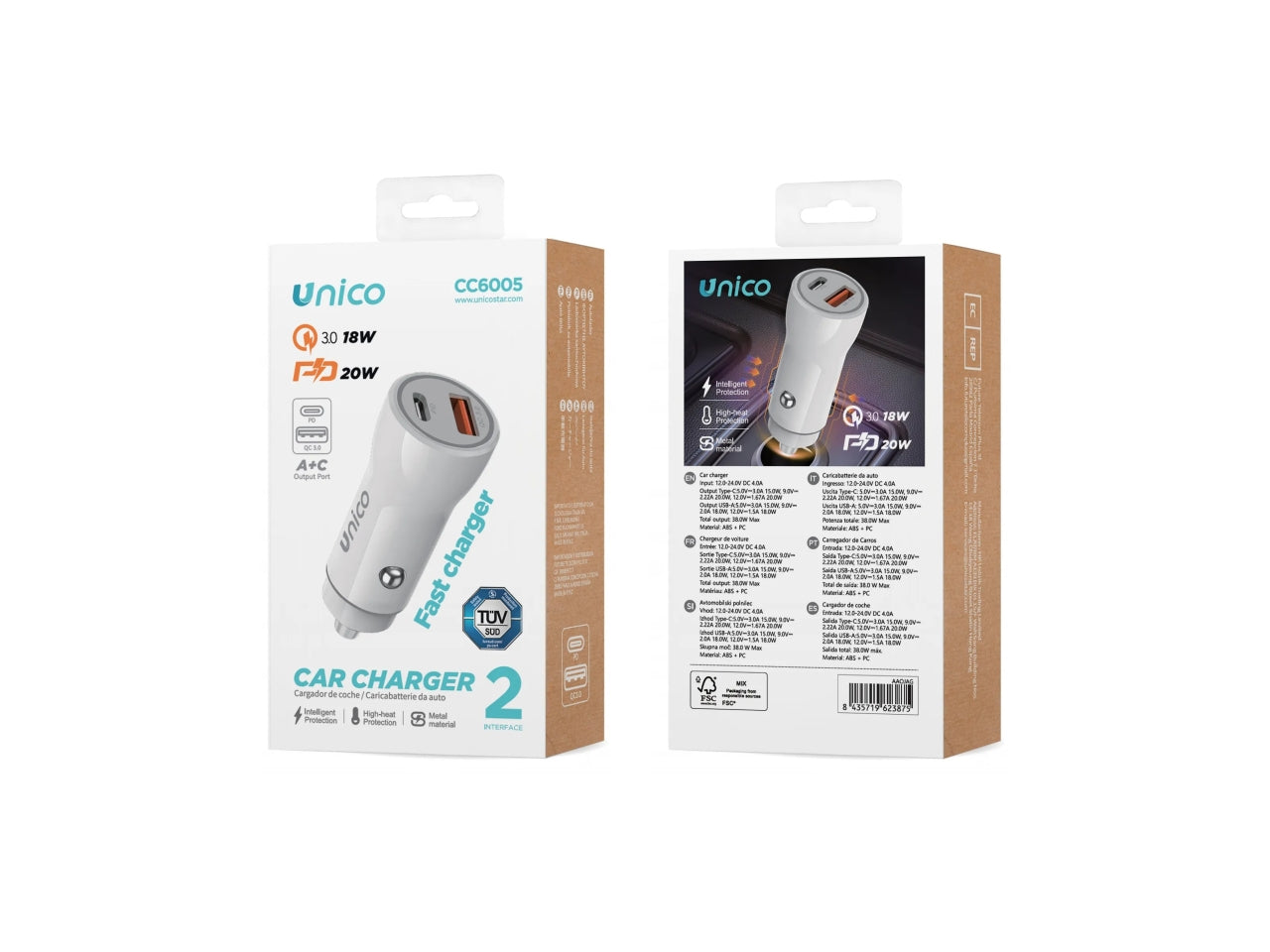 Caricabatteria Auto 2 Porte Type-C PD20W USB-A QC18W Certificato TUV UnitÃ  singola bianca