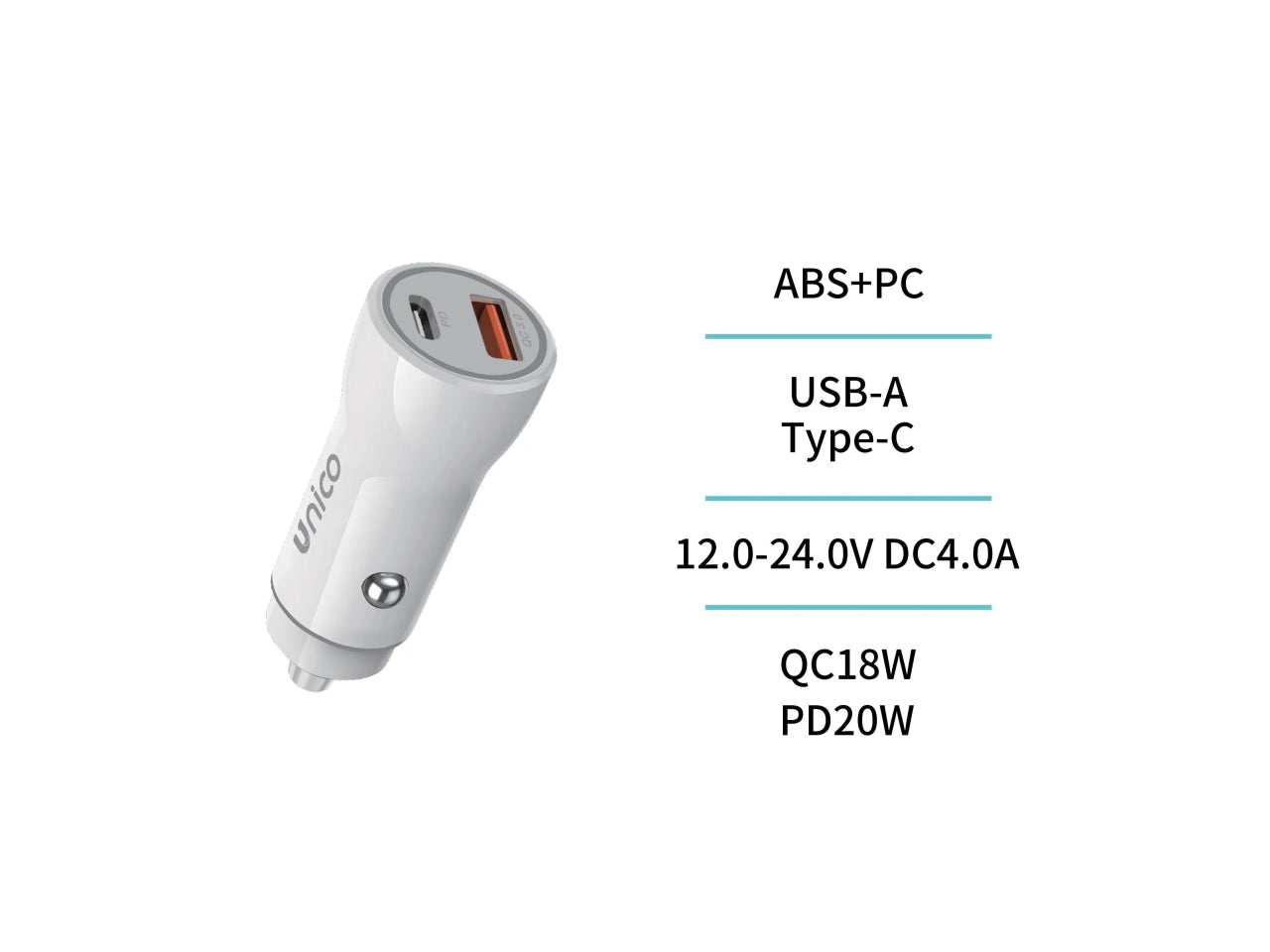 Caricabatteria Auto 2 Porte Type-C PD20W USB-A QC18W Certificato TUV UnitÃ  singola bianca