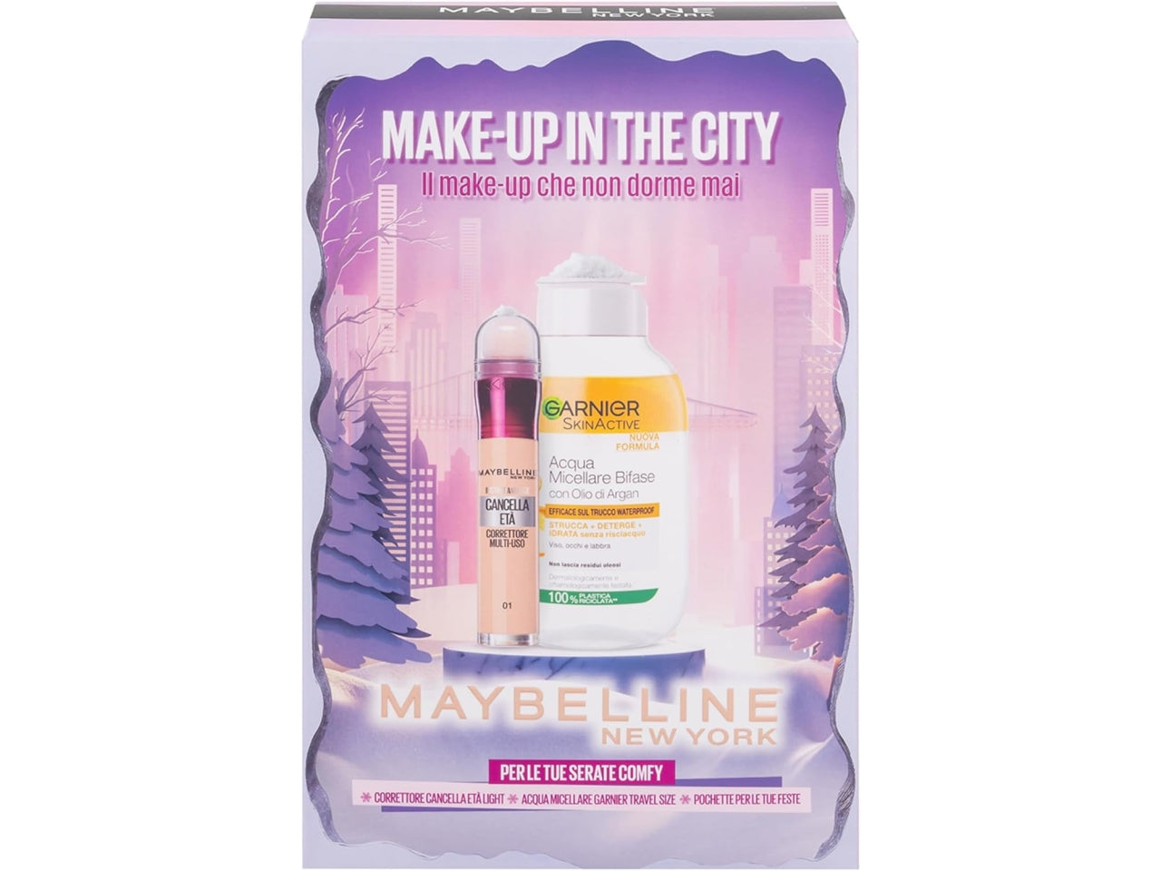 Mbeline New York cofanetto make-up con pochette, correttore cancella etÃ  01 e acqua micellare bifascia garnier travel size
