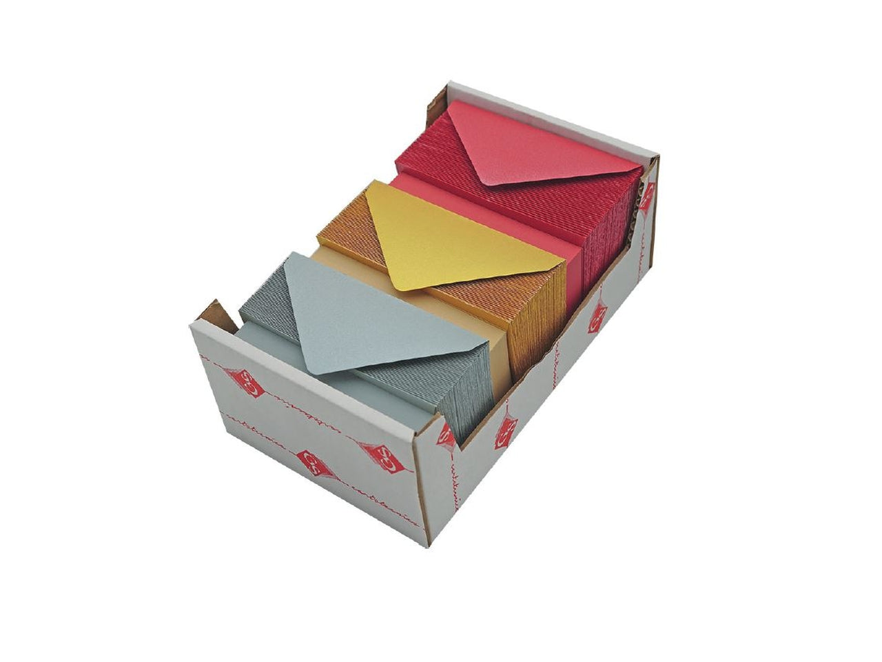 Buste e foglietto 9x14cm colori oro, argento e rosso perlati in confezione da 150+150 pezzi