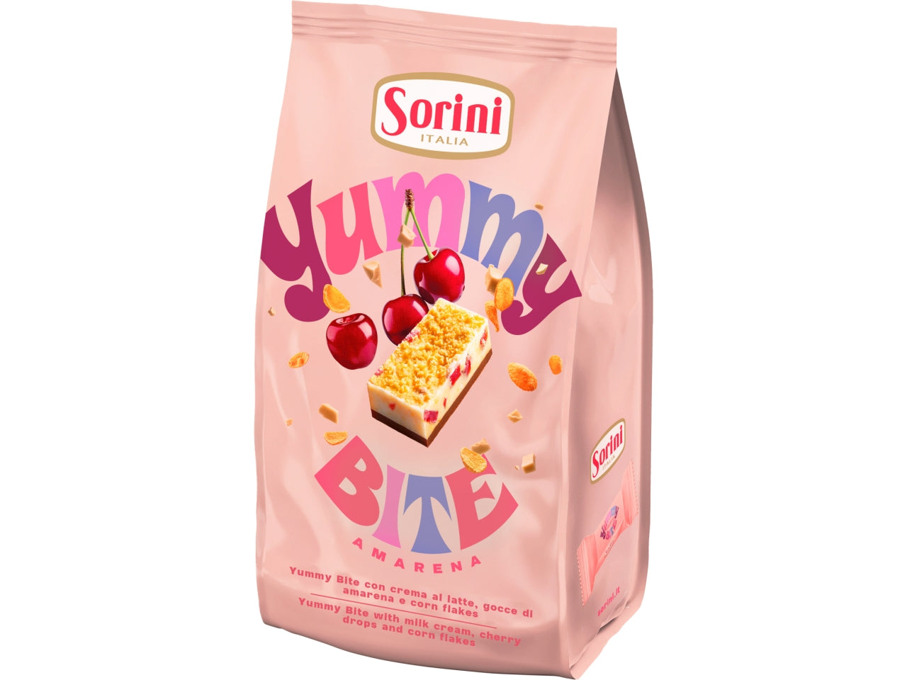 Sorini yummy bite snack con crema al latte, gocce di amarena e corn flakes 200gr