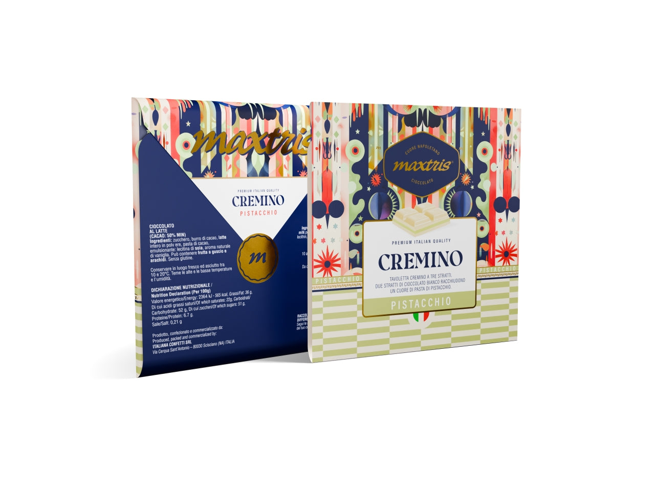 Maxtris tavoletta cremino con triplo strato al cioccolato bianco e pasta di pistacchio 70gr