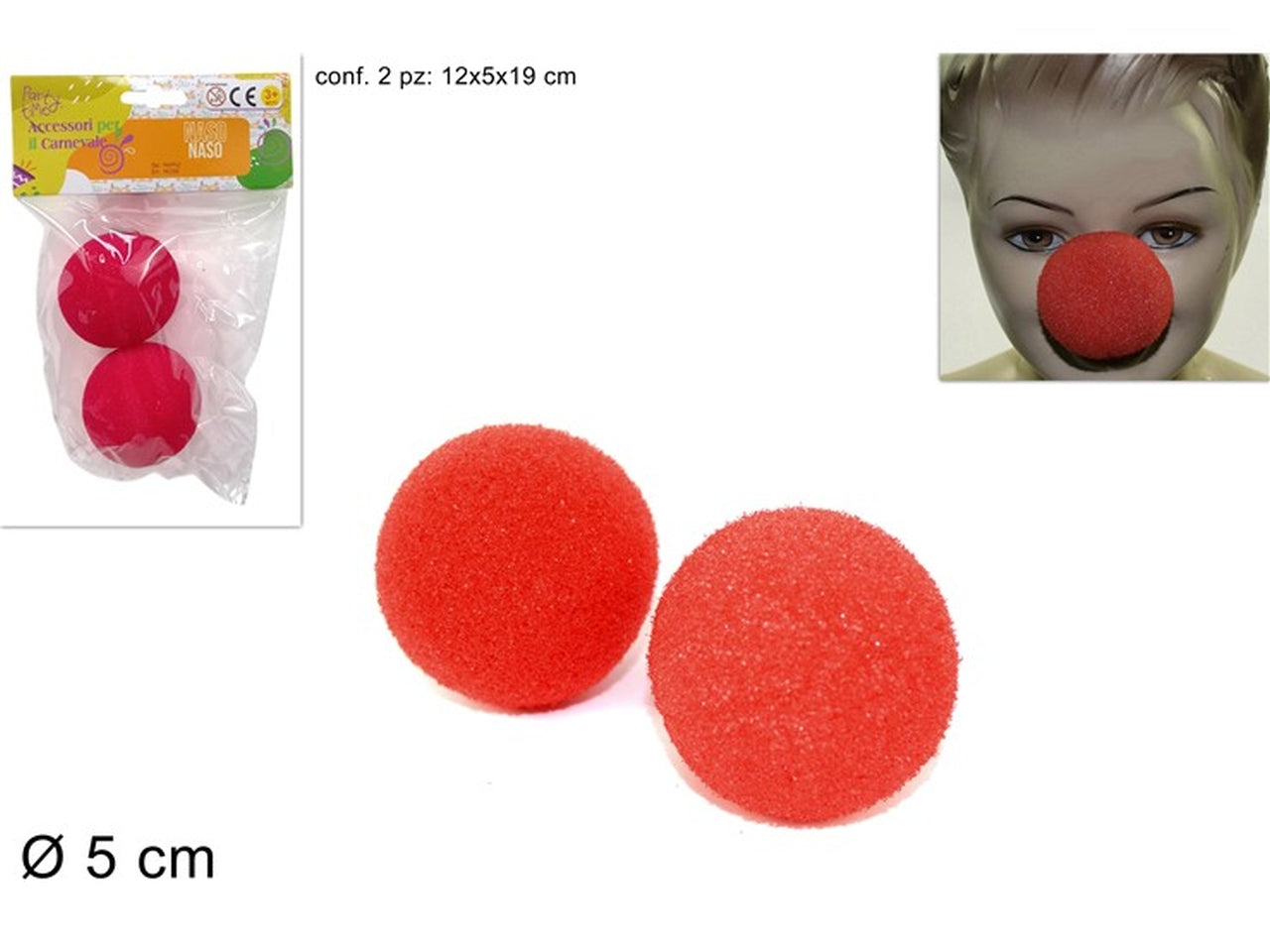 Naso spugna clown 5cm, confezione da 2 pezzi