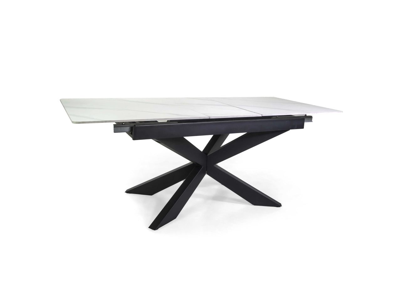 Tavolo Pepper allungabile con top bianco in pietra sinterizzata 160/200x90xh.76cm e piedi di metallo incrociati