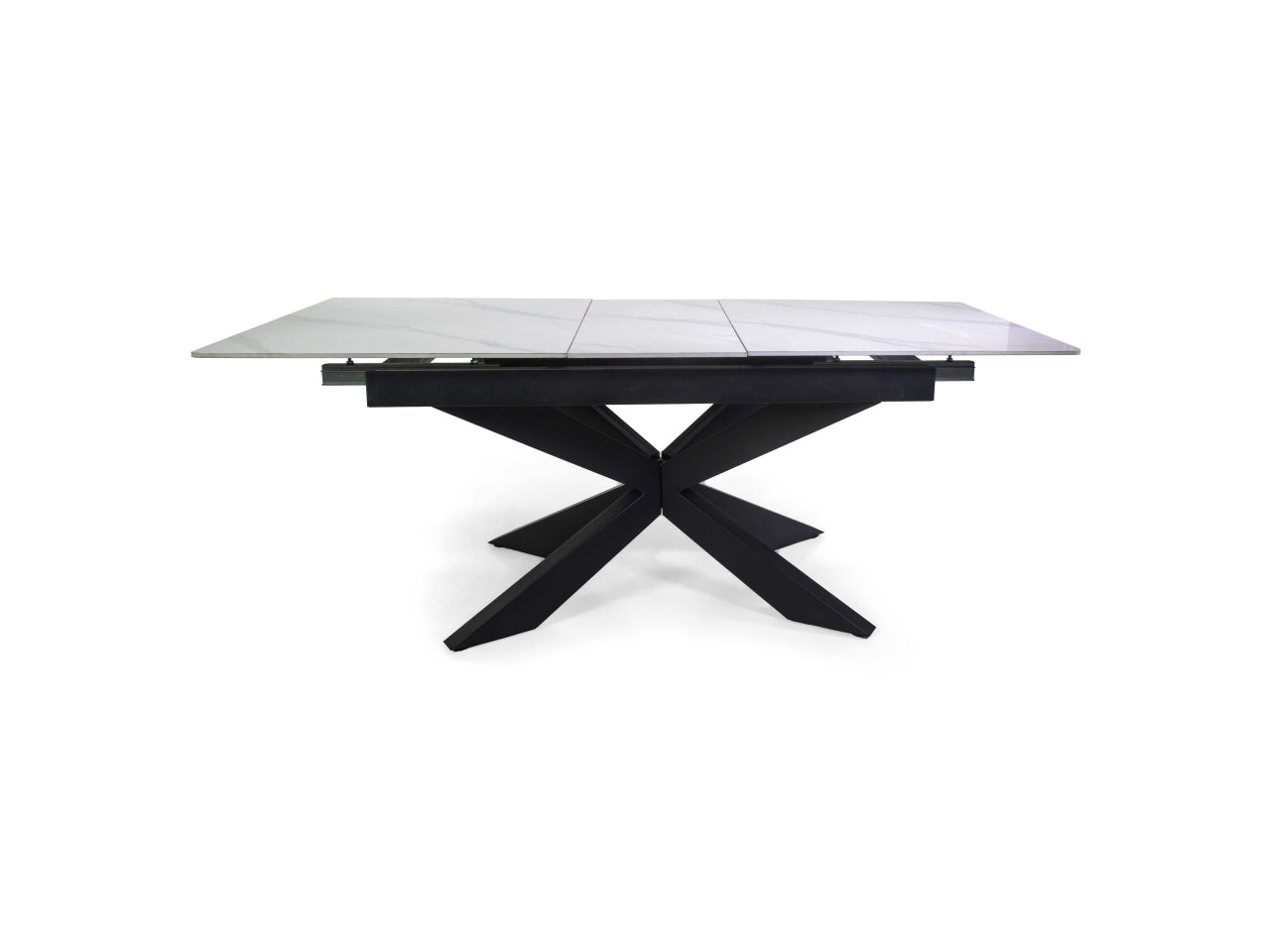Tavolo Pepper allungabile con top bianco in pietra sinterizzata 160/200x90xh.76cm e piedi di metallo incrociati