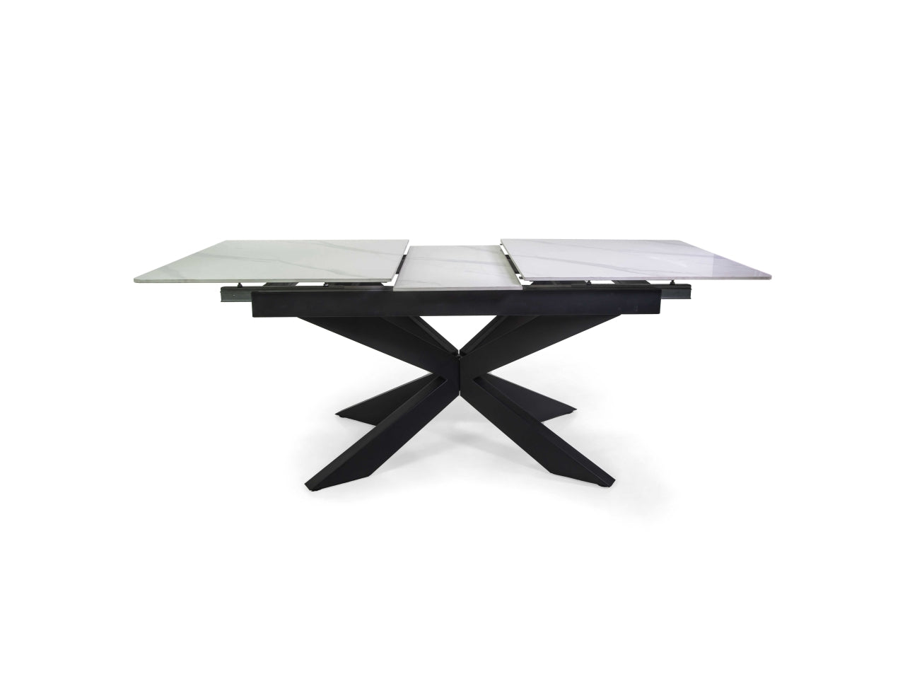Tavolo Pepper allungabile con top bianco in pietra sinterizzata 160/200x90xh.76cm e piedi di metallo incrociati