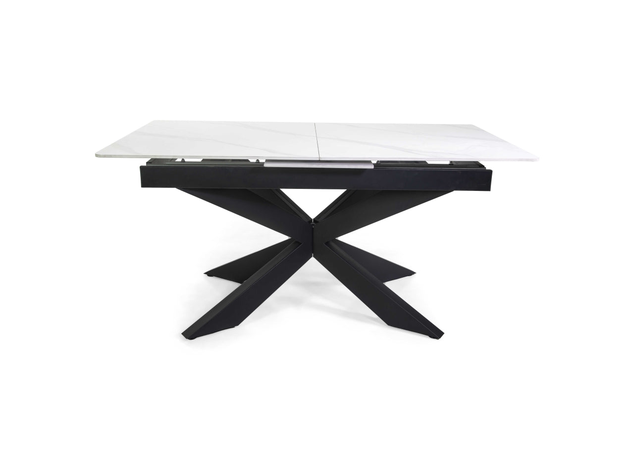 Tavolo Pepper allungabile con top bianco in pietra sinterizzata 160/200x90xh.76cm e piedi di metallo incrociati