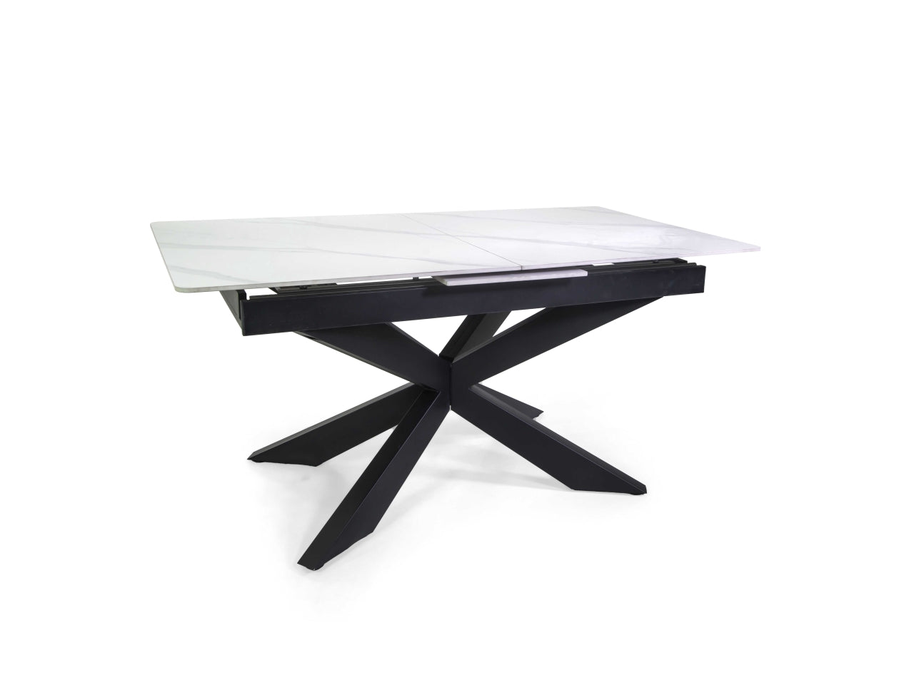 Tavolo Pepper allungabile con top bianco in pietra sinterizzata 160/200x90xh.76cm e piedi di metallo incrociati