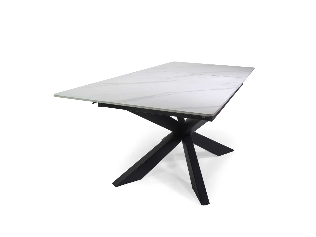 Tavolo Pepper allungabile con top bianco in pietra sinterizzata 160/200x90xh.76cm e piedi di metallo incrociati