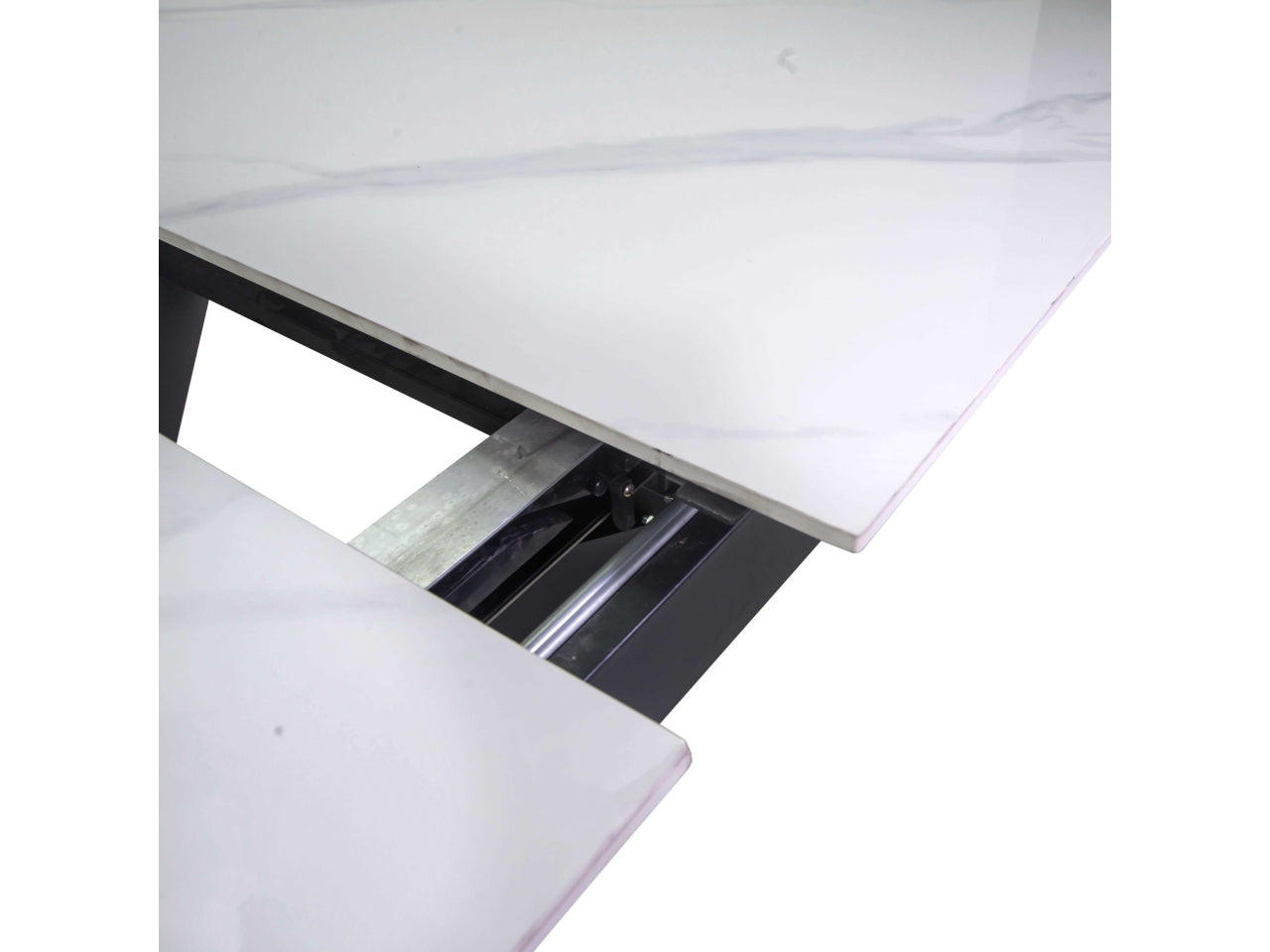 Tavolo Pepper allungabile con top bianco in pietra sinterizzata 160/200x90xh.76cm e piedi di metallo incrociati