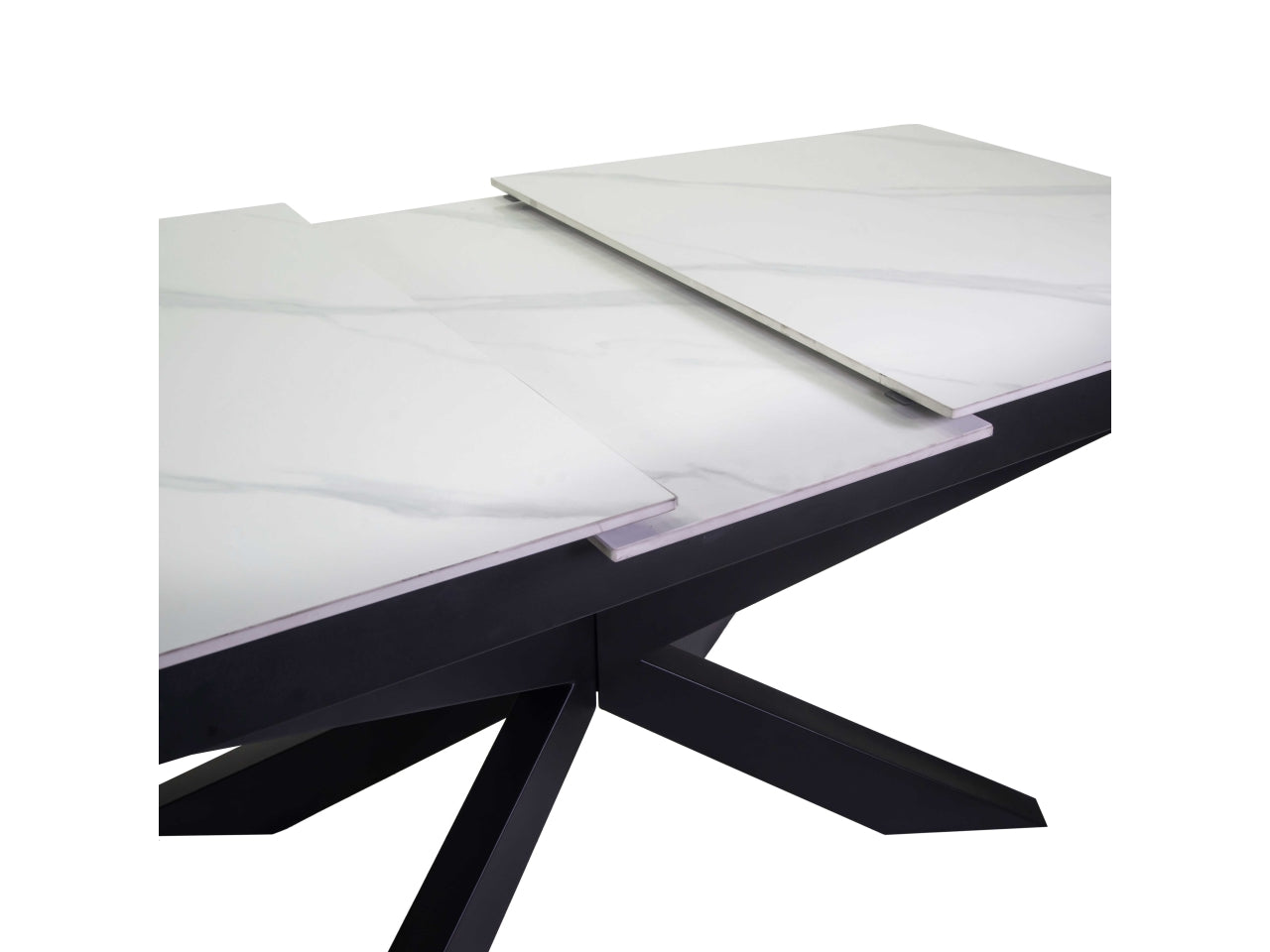 Tavolo Pepper allungabile con top bianco in pietra sinterizzata 160/200x90xh.76cm e piedi di metallo incrociati