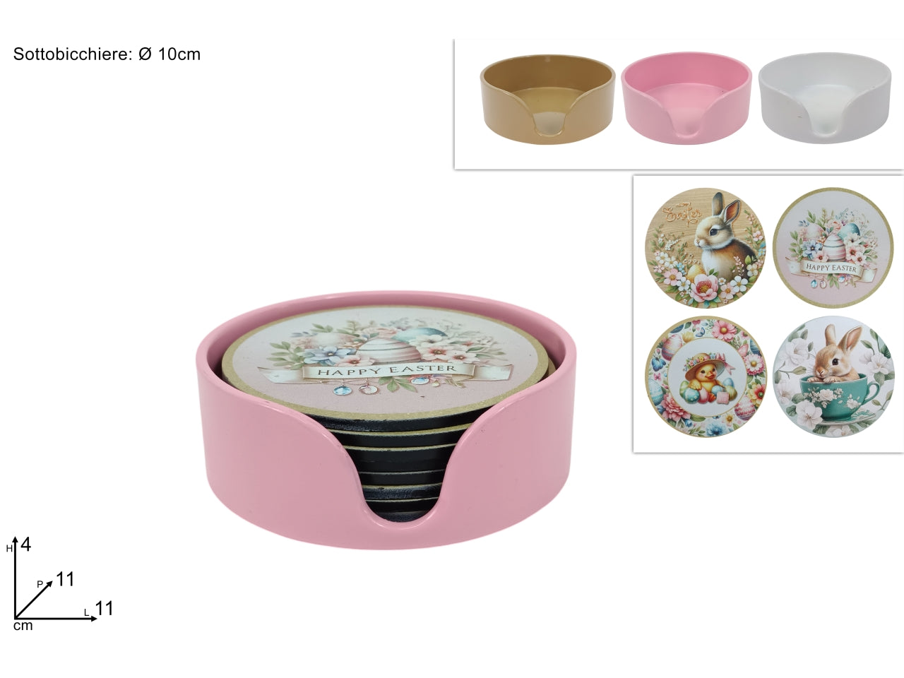 Sottobicchieri con contenitore set 8 pezzi decoro pasquale in 4 assortimenti