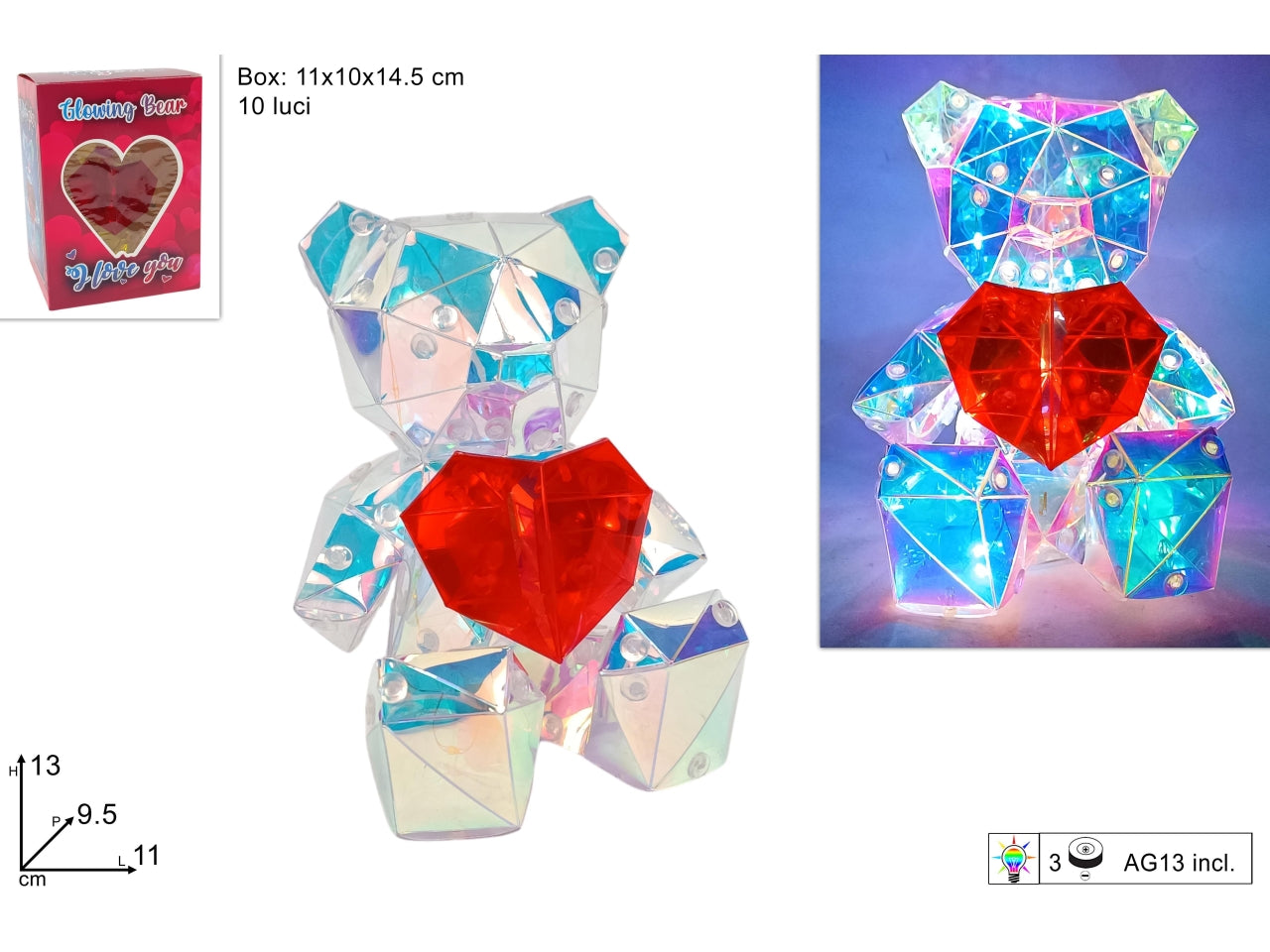 Orsetto con cuore rainbow con gioco di luci