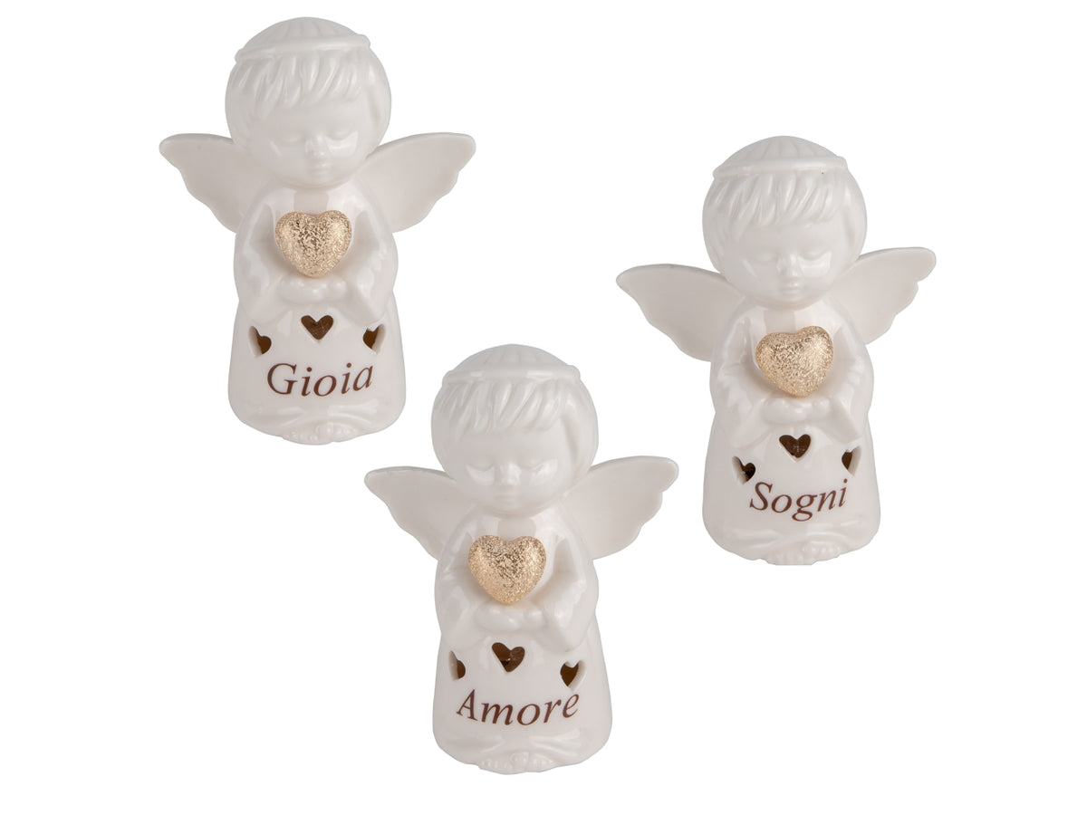 Celeste angelo in porcellana 10cm con led bianco, 3assortimenti