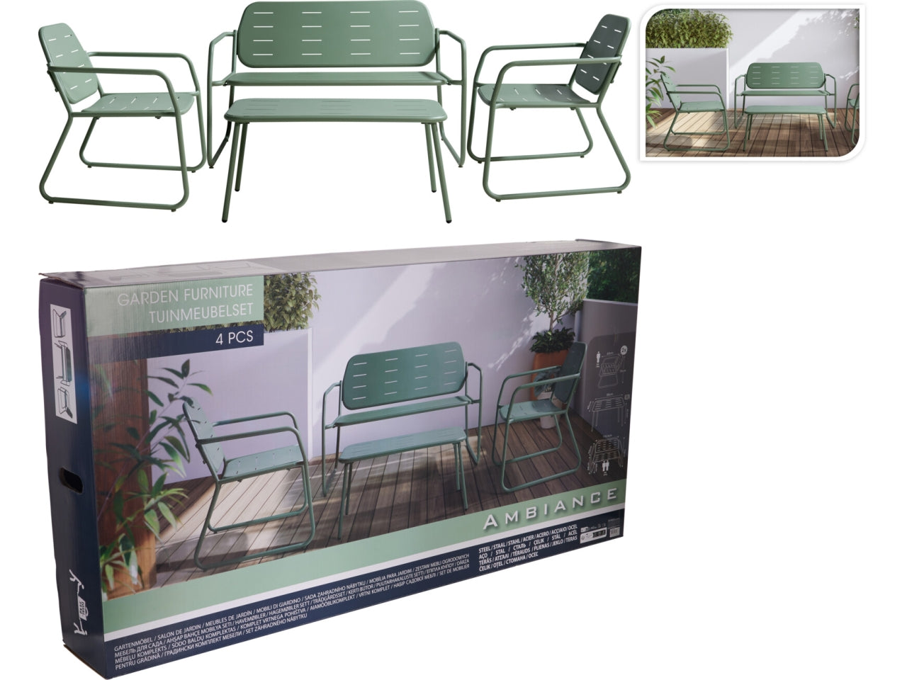 Set giardino verde con 2 sedie 1 panchina e 1 tavolino
