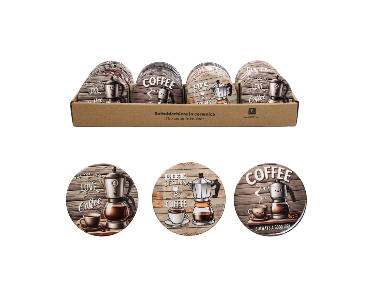 Sottobicchiere "coffee time" in ceramica diametro 10cm, fantasie assortite
