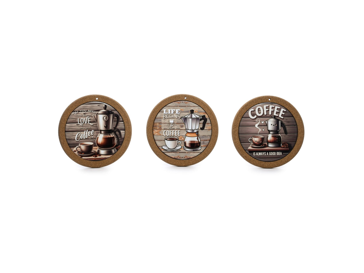 Sottopentola "coffee time" in ceramica e sughero diametro 20cm, fantasie assortite